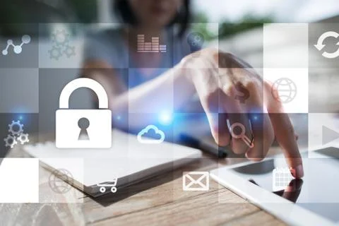 Data protection and cyber security concept on the virtual screen. Stock-Fotos
