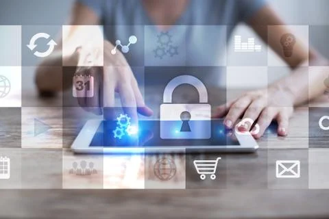 Data protection and cyber security concept on the virtual screen. Fotos Stock