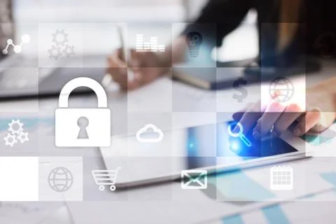 Data protection and cyber security concept on the virtual screen. Fotos Stock