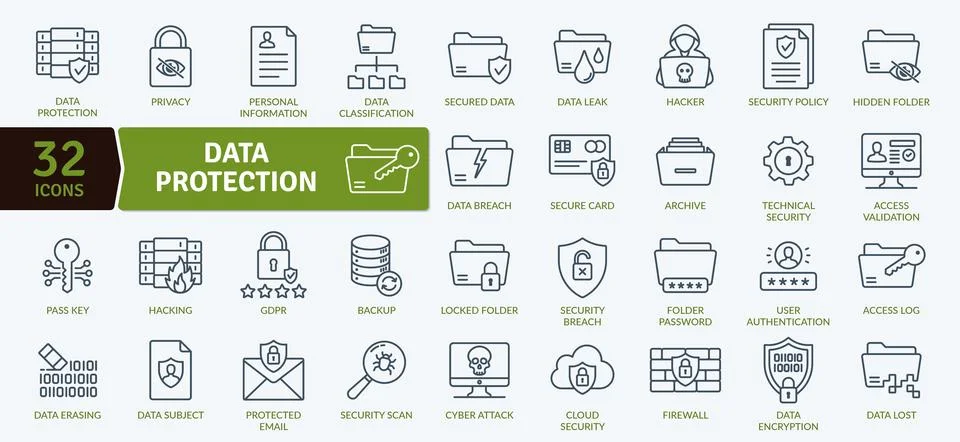Data Protection and Cybersecurity Icon Set:32 Digital Security Line Illustration Stock Illustration