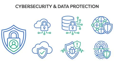 Data protection and cybersecurity management icons with cybersecurity, securi Stock Illustration