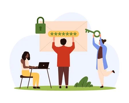 Data protection and security, encryption of information by tiny people with key Stock Illustration