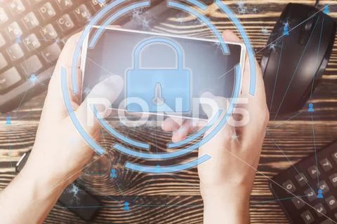 Data protection and security important information in your mobile phone, Woman Stock Photos
