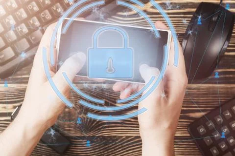 Data protection and security important information in your mobile phone, Woman Stock Photos