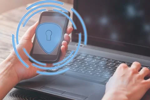 Data protection and security important information in your mobile phone, Woman Stock Photos