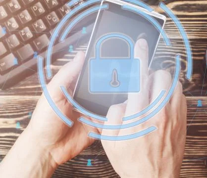 Data protection and security important information in your mobile phone, Woman Stock Photos