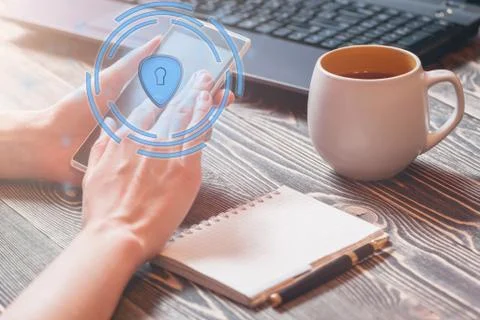 Data protection and security important information in your mobile phone, Woman Stock Photos