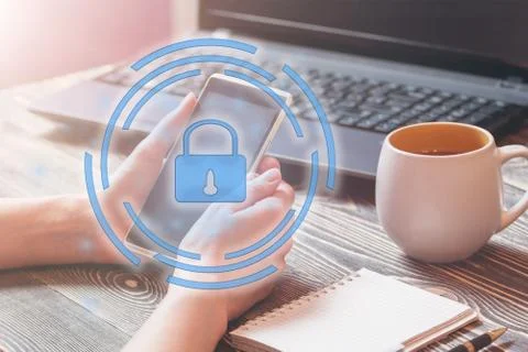 Data protection and security important information in your mobile phone, Woman Stock Photos