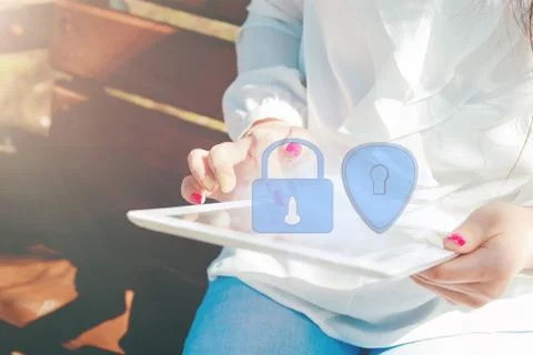 Data protection and security important information in your mobile phone, Woman Stock Photos