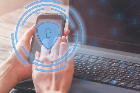 Data protection and security important information in your mobile phone, Woman Stock Photos