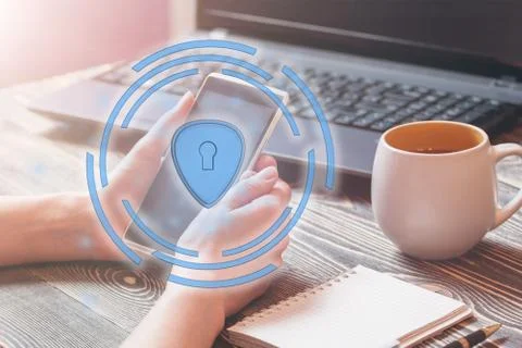 Data protection and security important information in your mobile phone, Woman Stock Photos