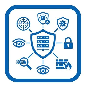Data protection and security system with server, shield, eyes, firewall, an.. Stock Illustration