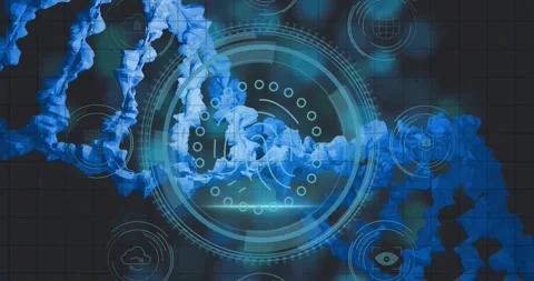 DATA PROTECTION appearing, blue helix rotating through HUD, icons emerging, Stock Footage 334311658