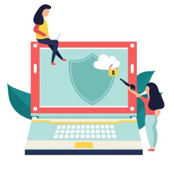 Data protection banner with computer and locked cloud Stock Illustration