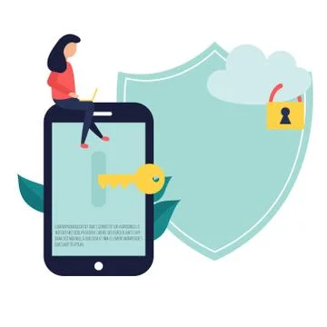 Data protection banner with locked cloud and girl Illustrazione stock