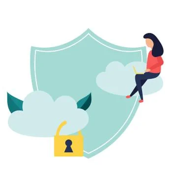 Data protection banner with locked cloud and girl Stock Illustration