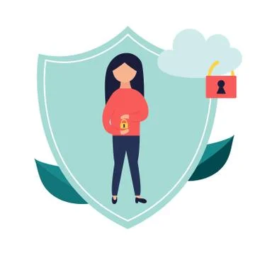 Data protection banner with locked cloud and girl Stock Illustration