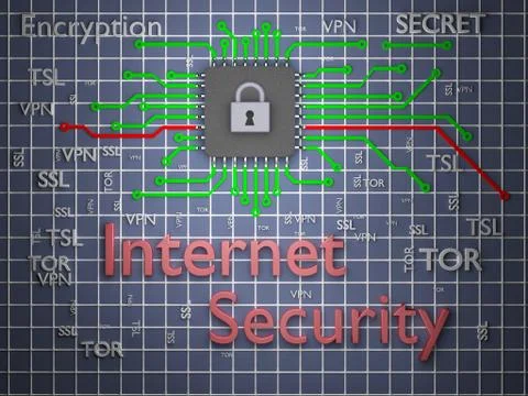 Data protection. Chip hardware encryption. Printed circuit board. internet Illustrazione stock