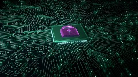 Data protection, circuit board with processor to lock data, encryption, safety. 库存影片 335475741
