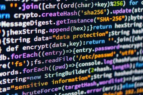 Data protection. Close-up of a computer screen displaying encrypt text, lik.. 写真素材