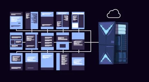 Data protection cloud servers center with hosting infographic, network and Stock Illustration