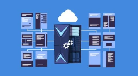 Data protection cloud servers center with hosting infographic, network and イラスト素材