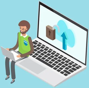 Data protection cloud storage design concept. Man works with computer uses Stock Illustration