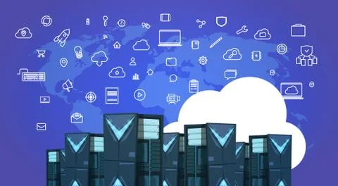 Data protection cloud synchronization servers center with hosting infographic Illustrazione stock