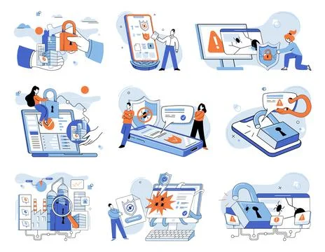 Data protection. Computers and networks enable transfer and storage data Illustrazione stock