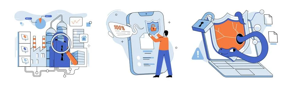Data protection. Computers and networks enable transfer and storage data Illustrazione stock