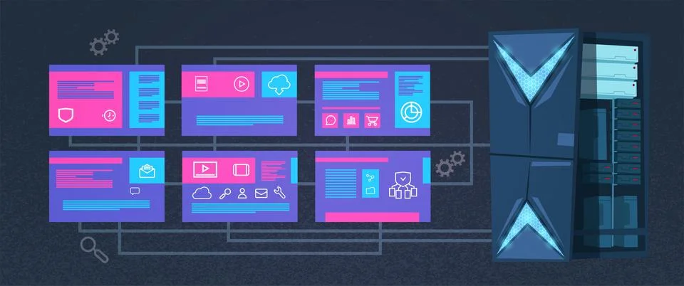 Data protection computing center with hosting servers infographic, network and Stock-Illustration