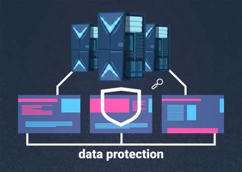 Data protection computing center with hosting servers infographic, network and 스톡 일러스트