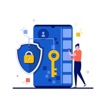 Data protection concept with character, mobile phone, shield, lock, key. Pe.. Stock Illustration