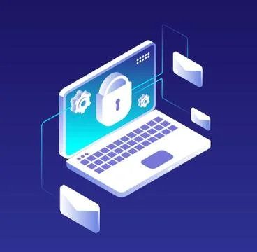 Data protection concept. Email database encryption, computer, information and Illustrazione stock