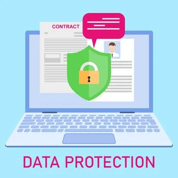 Data protection concept laptop computer screen with contract green shield Stock Illustration