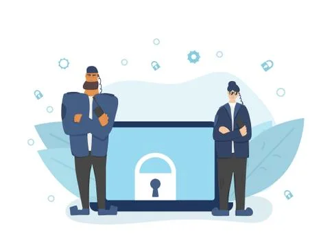 Data protection concept. Security guards standing with arms crossed and defen Illustrazione stock