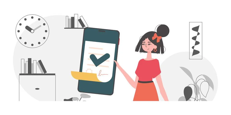 Data protection concept. Smart contract. The woman is holding a document. Stock Illustration