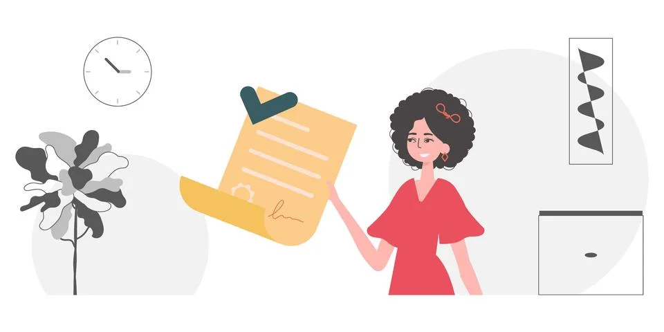 Data protection concept. Smart contract. The girl is holding a document. 스톡 일러스트