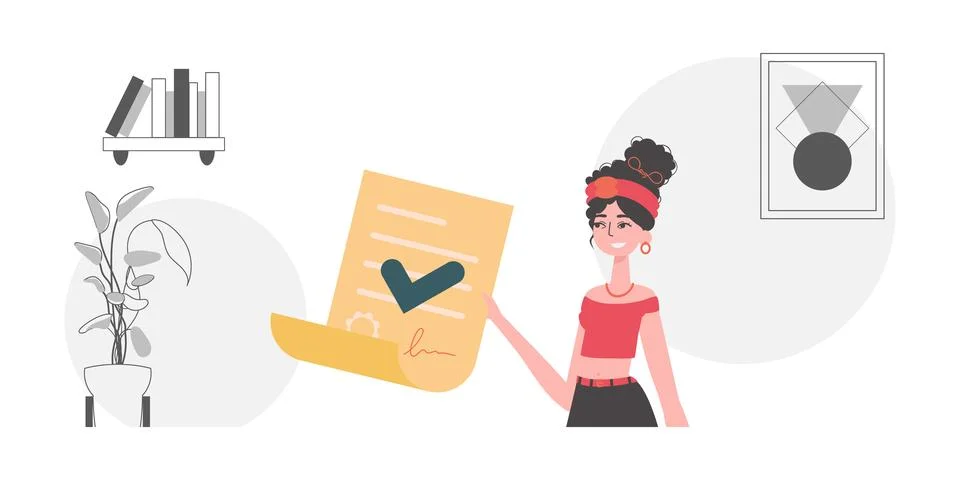 Data protection concept. Smart contract. The woman is holding a document. Stock Illustration