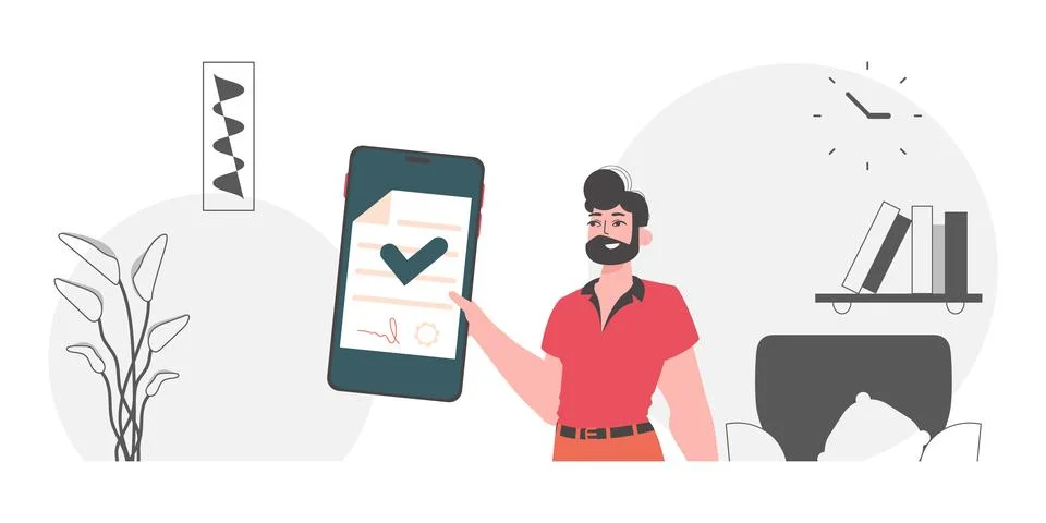 Data protection concept. Smart contract. The guy is holding a document. Stock Illustration