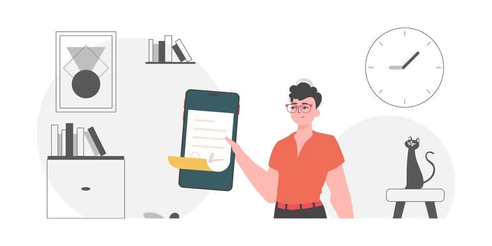 Data protection concept. Smart contract. The guy is holding a contract or d.. 库存插图