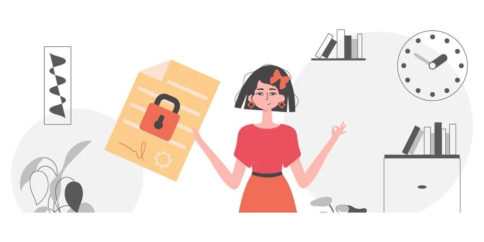 Data protection concept. Smart contract. The woman is holding a contract in.. Stock Illustration
