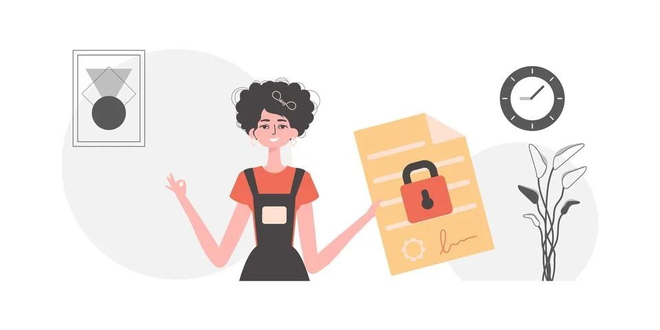 Data protection concept. Smart contract. The girl is holding a document. Stock Illustration
