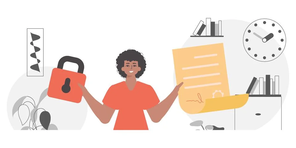 Data protection concept. Smart contract. The man is holding a document. Illustrazione stock