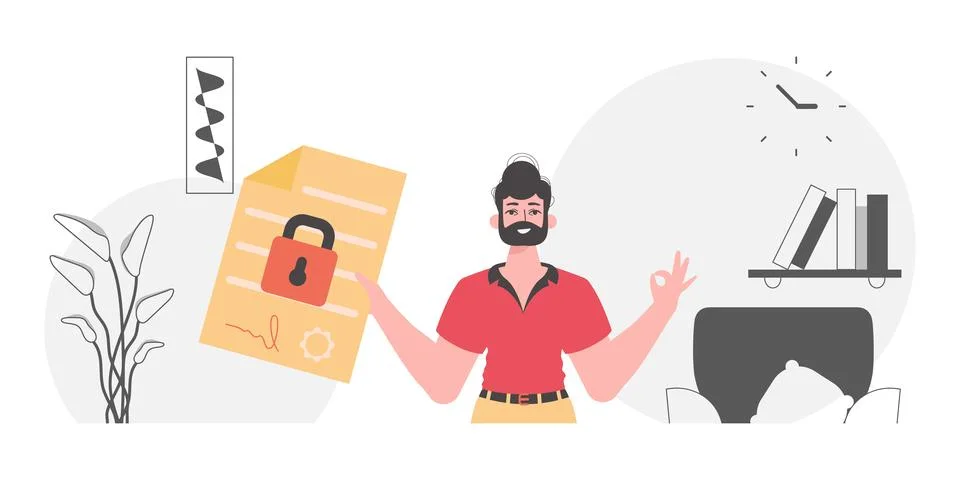Data protection concept. Smart contract. A man is holding a contract or doc.. Stock Illustration