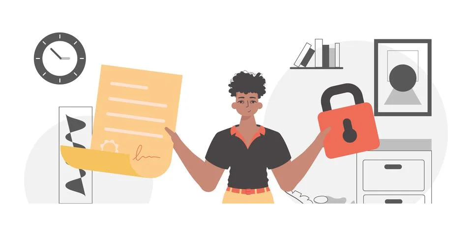Data protection concept. Smart contract. The guy is holding a document. 스톡 일러스트