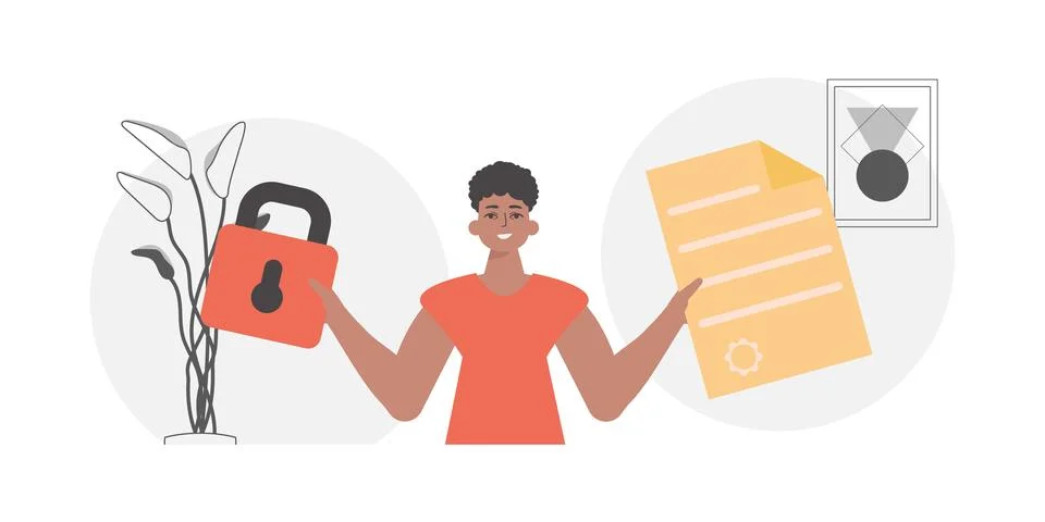 Data protection concept. Smart contract. The guy is holding a contract or d.. Stock Illustration