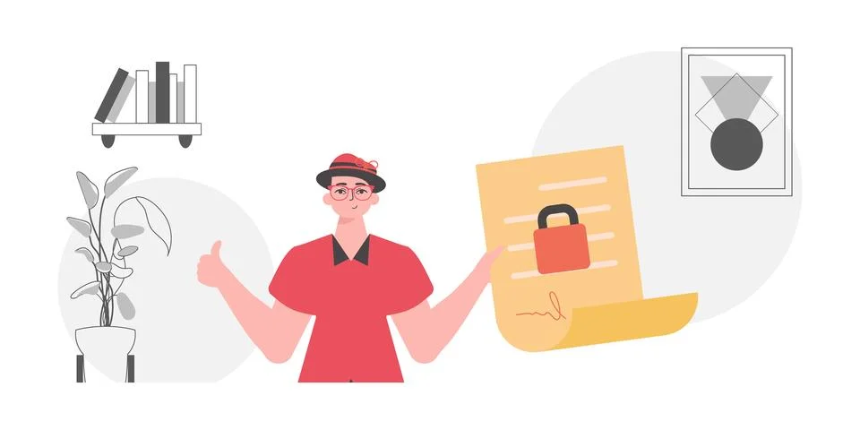 Data protection concept. Smart contract. The man is holding a document. Stock Illustration