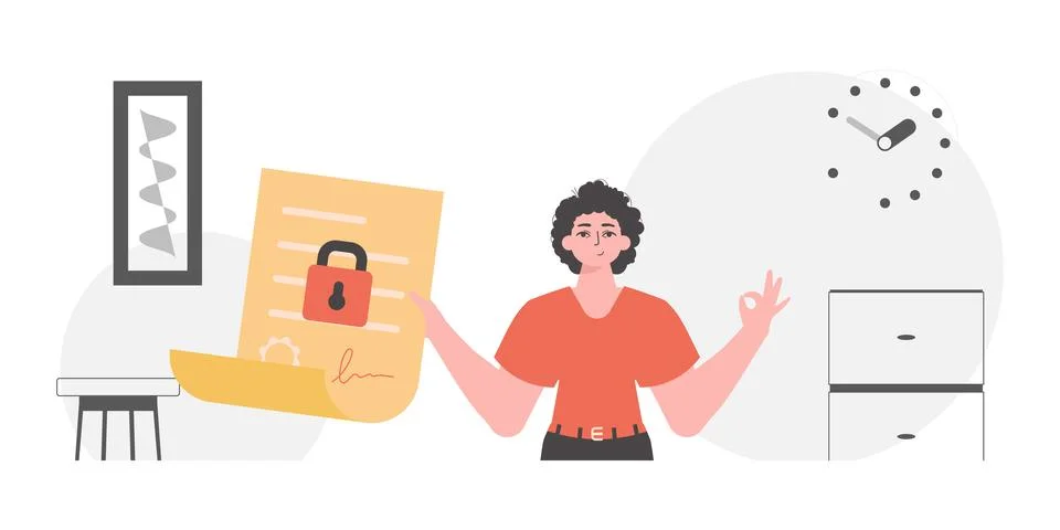 Data protection concept. Smart contract. A man is holding a contract or doc.. 스톡 일러스트