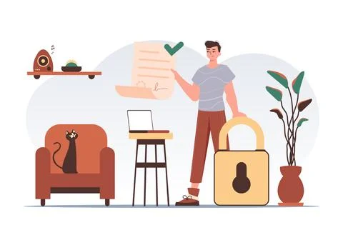 Data protection concept. Smart contract. The man is holding a document. Mod.. Stock Illustration